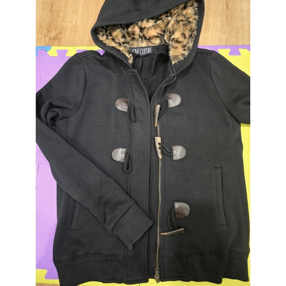 LOVE CULTURE Black Duffle Toggle Hoodie Jacket - Faux‎ Fur Leopard Hood - Size M
